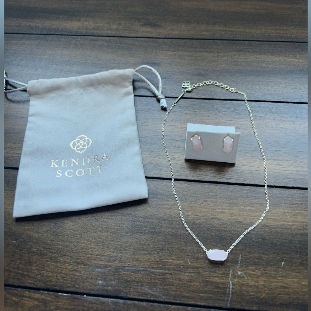 Kendra Scott Betty Rose Quartz Studs with matching necklace